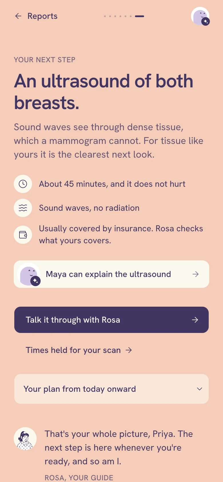 The next-step band: Your next step, An ultrasound of both breasts. Sound waves see through dense tissue, which a mammogram cannot. Three facts: about 45 minutes and it does not hurt; sound waves, no radiation; usually covered by insurance, Rosa checks what yours covers. A Maya can explain the ultrasound door, a Talk it through with Rosa button, a Times held for your scan link, Your plan from today onward, and Rosa's sign-off: That's your whole picture, Priya.