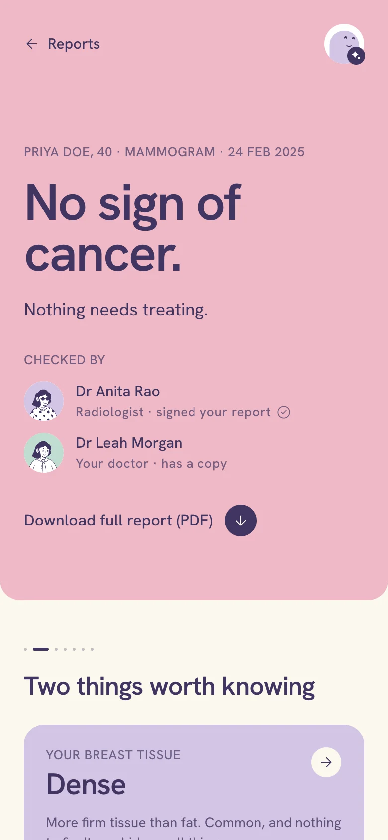 The result screen: No sign of cancer, checked by the radiologist and her doctor