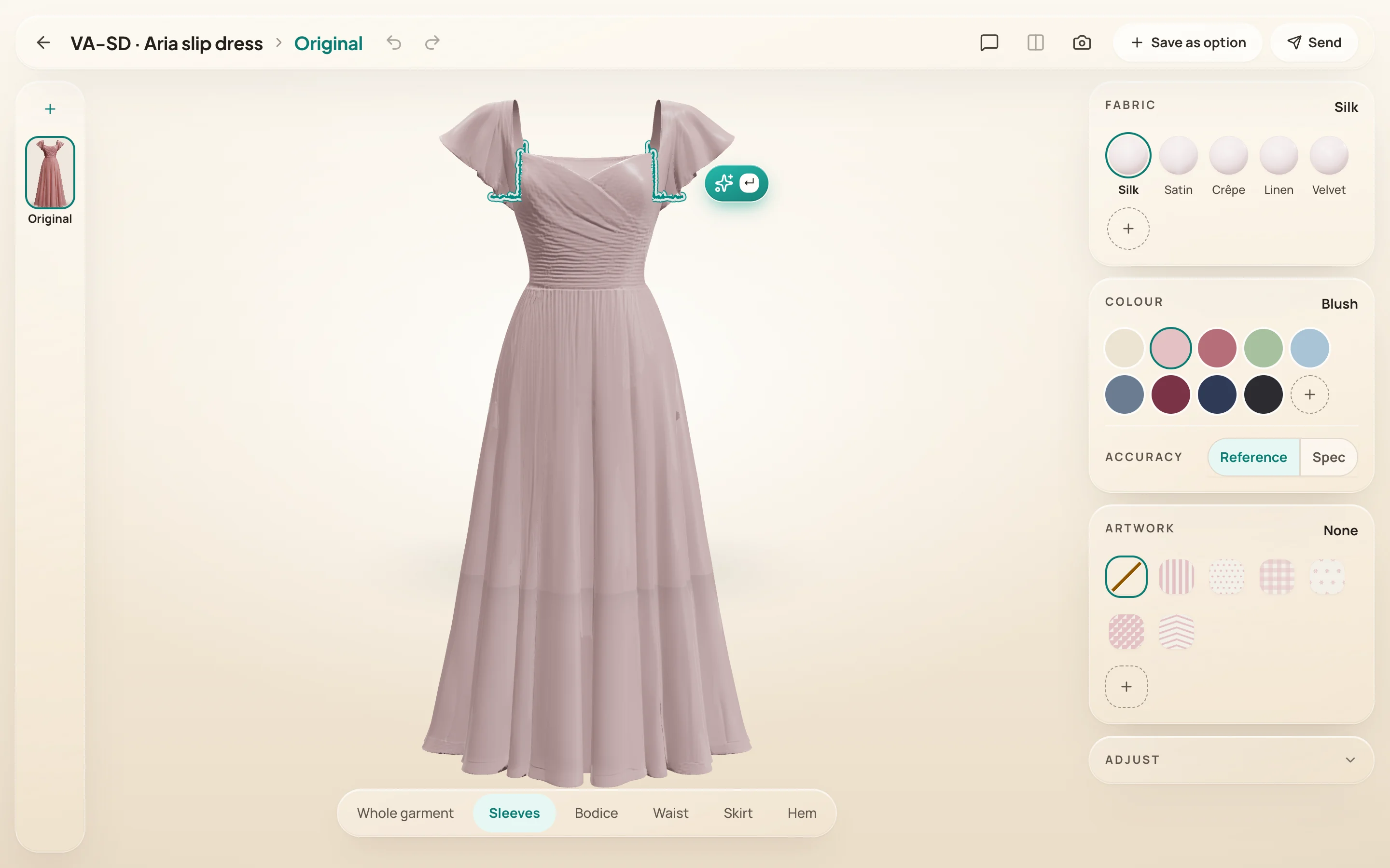 The workspace with the sleeves selected: a teal outline traces both sleeves, Sleeves is lit in the part bar beneath the dress, and the panel shows the fabric spheres and swatches for that part.