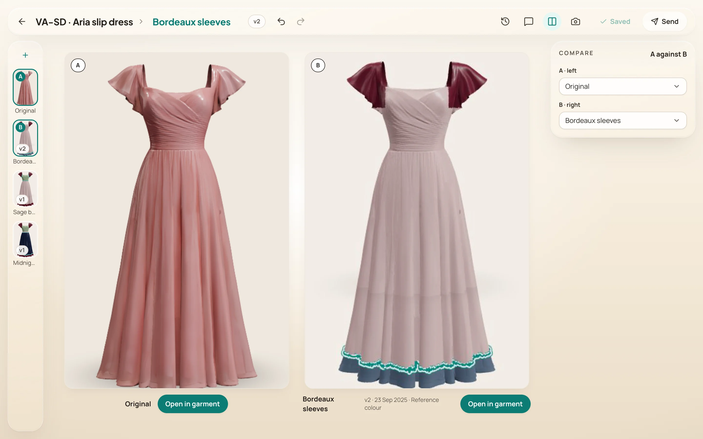Compare: two pictures side by side at working size, the original marked A on the left and a kept option marked B on the right, each with a button to open it on the garment.