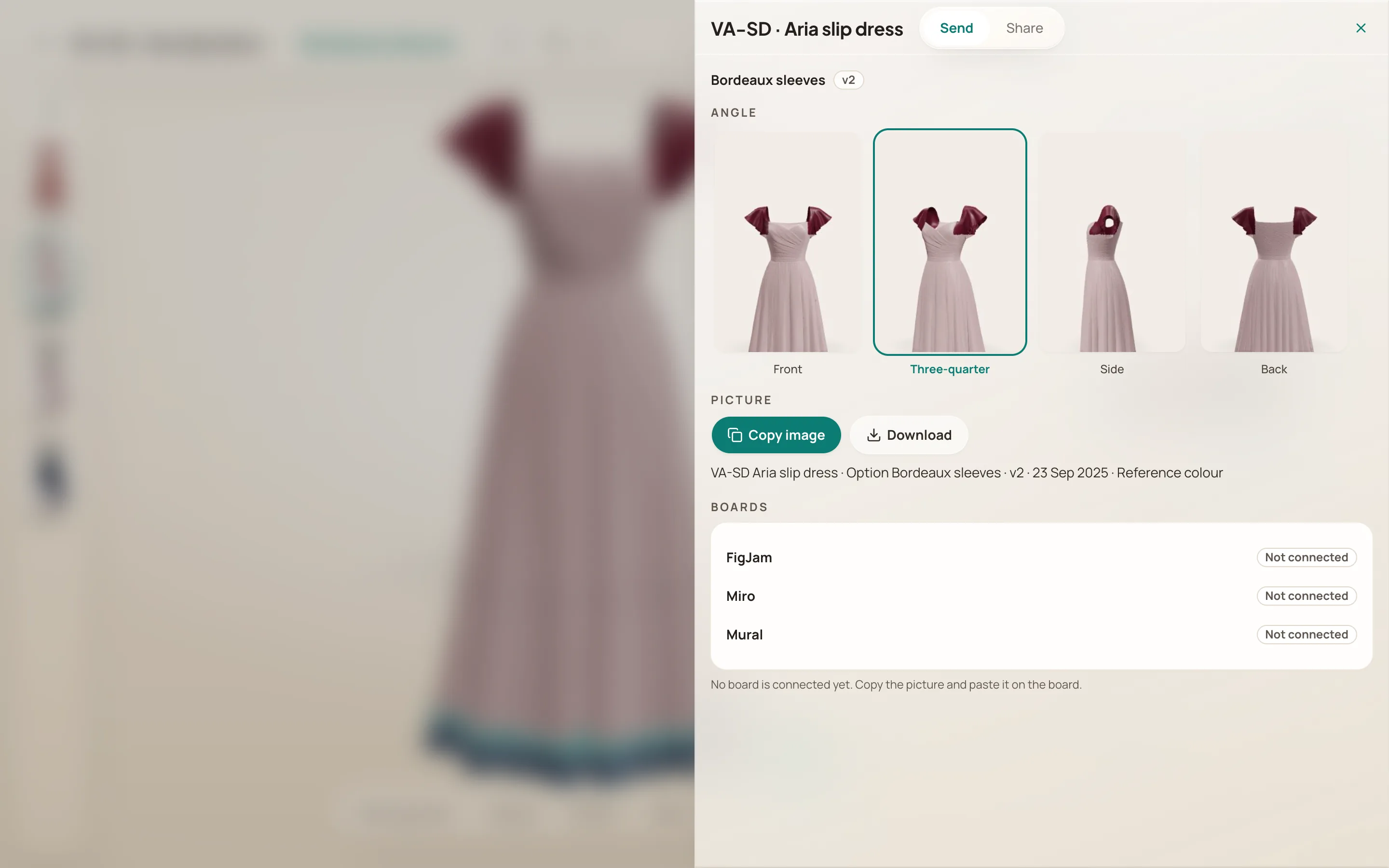 The Send sheet: the open option and its version, four angle previews of the dress drawn from the stage, Copy image and Download as two buttons with the picture's label as a line of text under them, and the whiteboards listed below, each marked not connected.