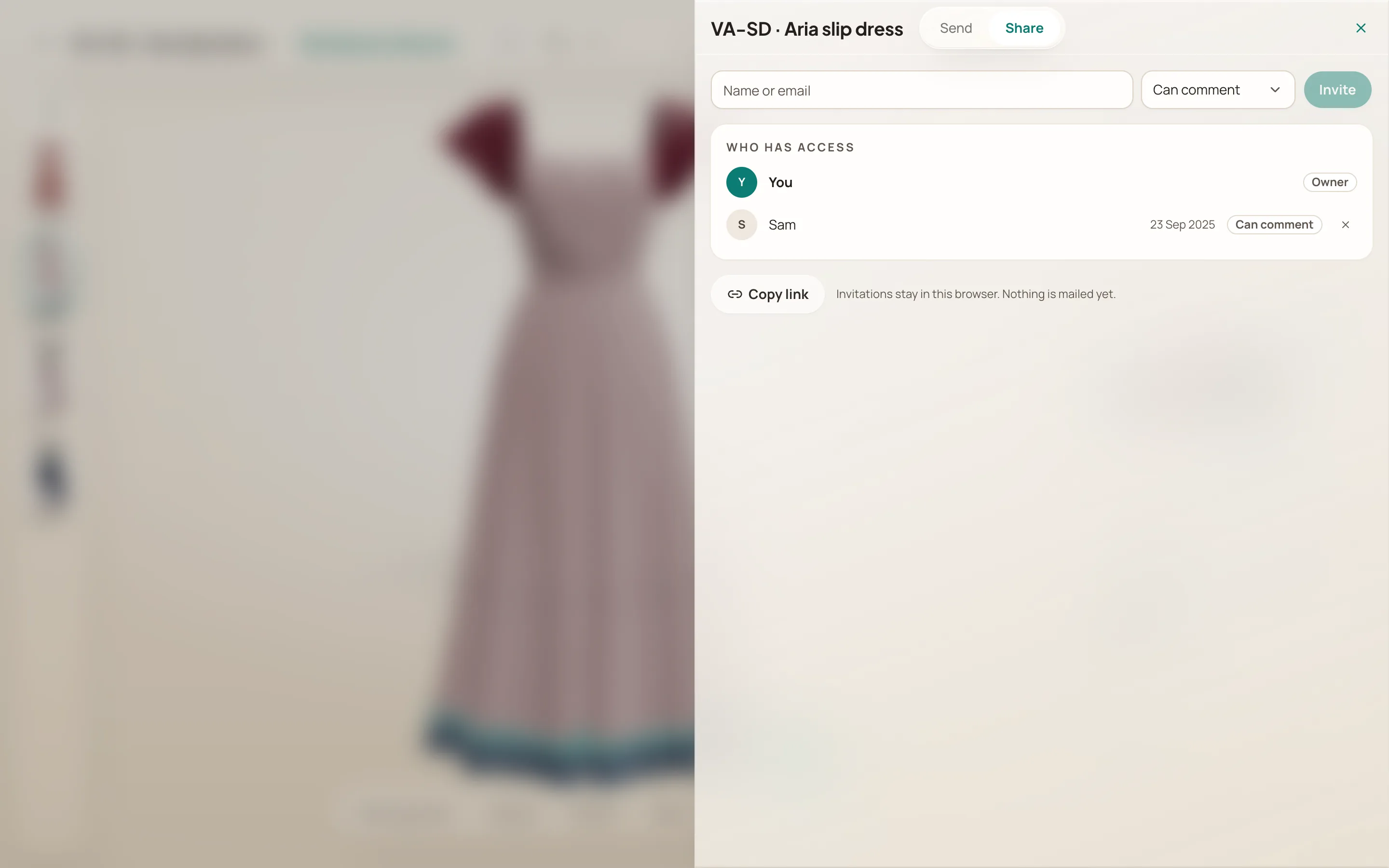 The Share tab of the same sheet: a name or email field with a role, Can comment, and Invite; Who has access lists You as owner and Sam, invited on 23 Sep 2025, who can comment; a Copy link button and the line Invitations stay in this browser. Nothing is mailed yet.