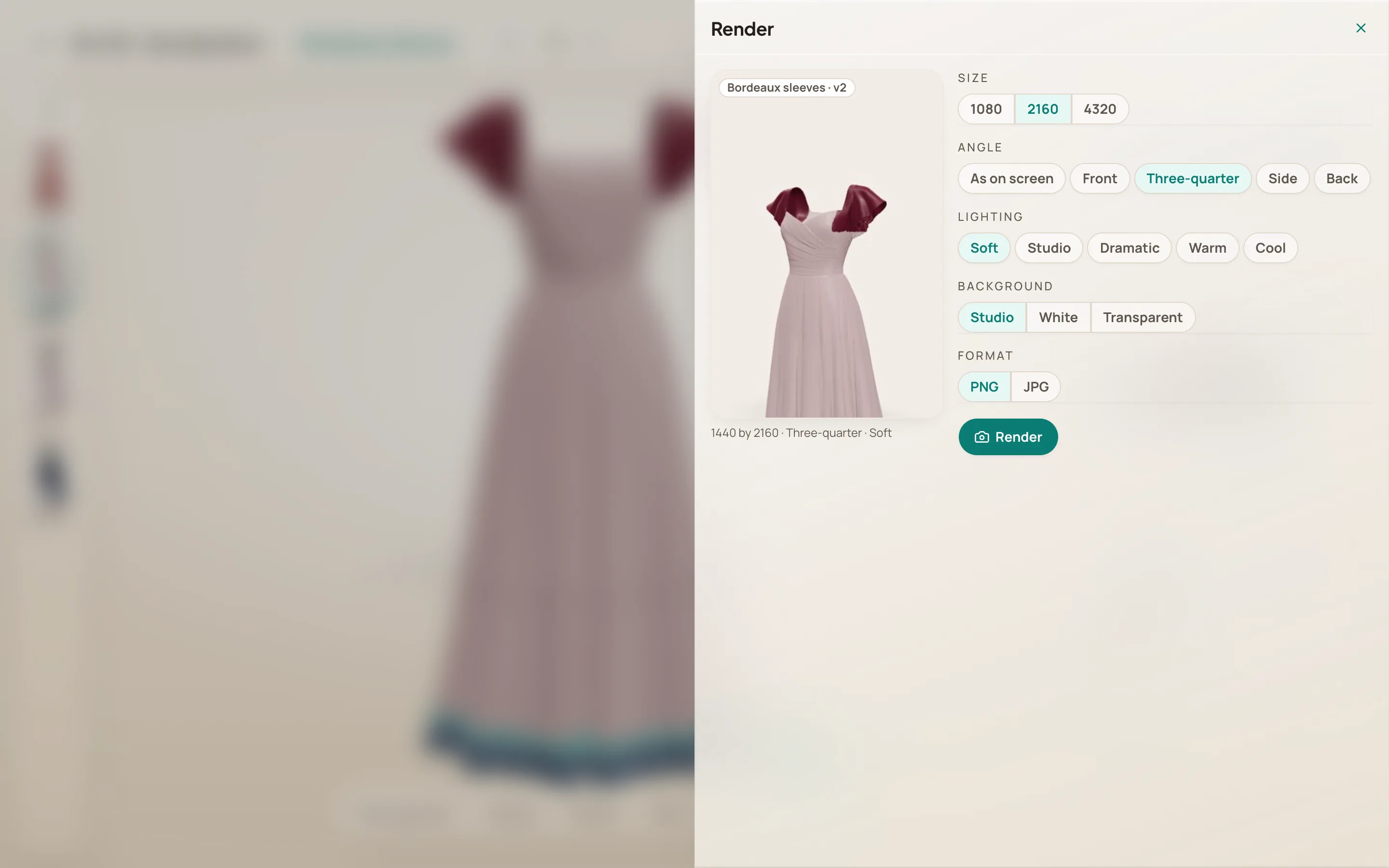 The Render sheet: a live preview of Bordeaux sleeves v2 from three-quarters, and beside it the choices: size 1080, 2160 or 4320, angle, lighting set to Soft, background Studio, White or Transparent, format PNG or JPG, and a Render button.