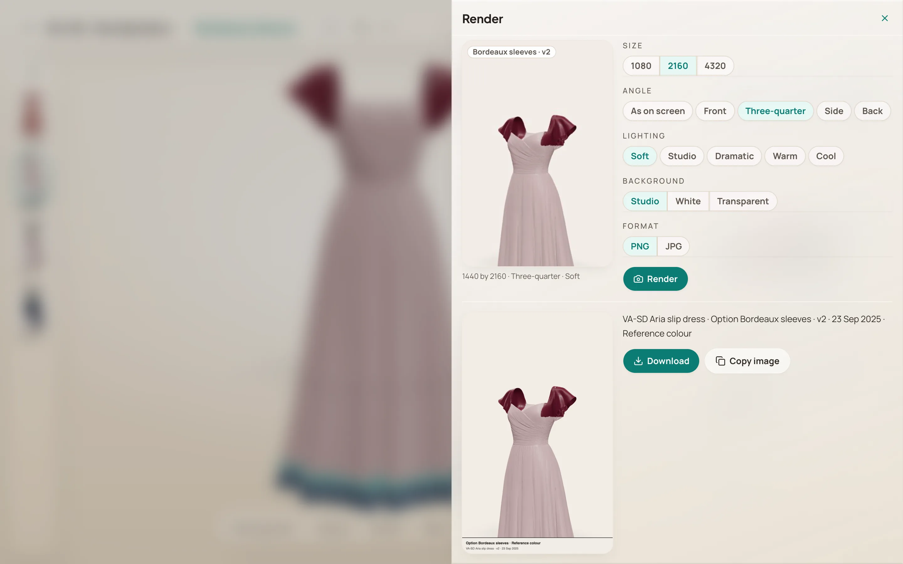 The Render sheet after rendering: the picture of the dress with its label burned into the bottom edge, the label repeated as a line of text, VA-SD Aria slip dress, Option Bordeaux sleeves, v2, 23 Sep 2025, Reference colour, and Download and Copy image buttons.