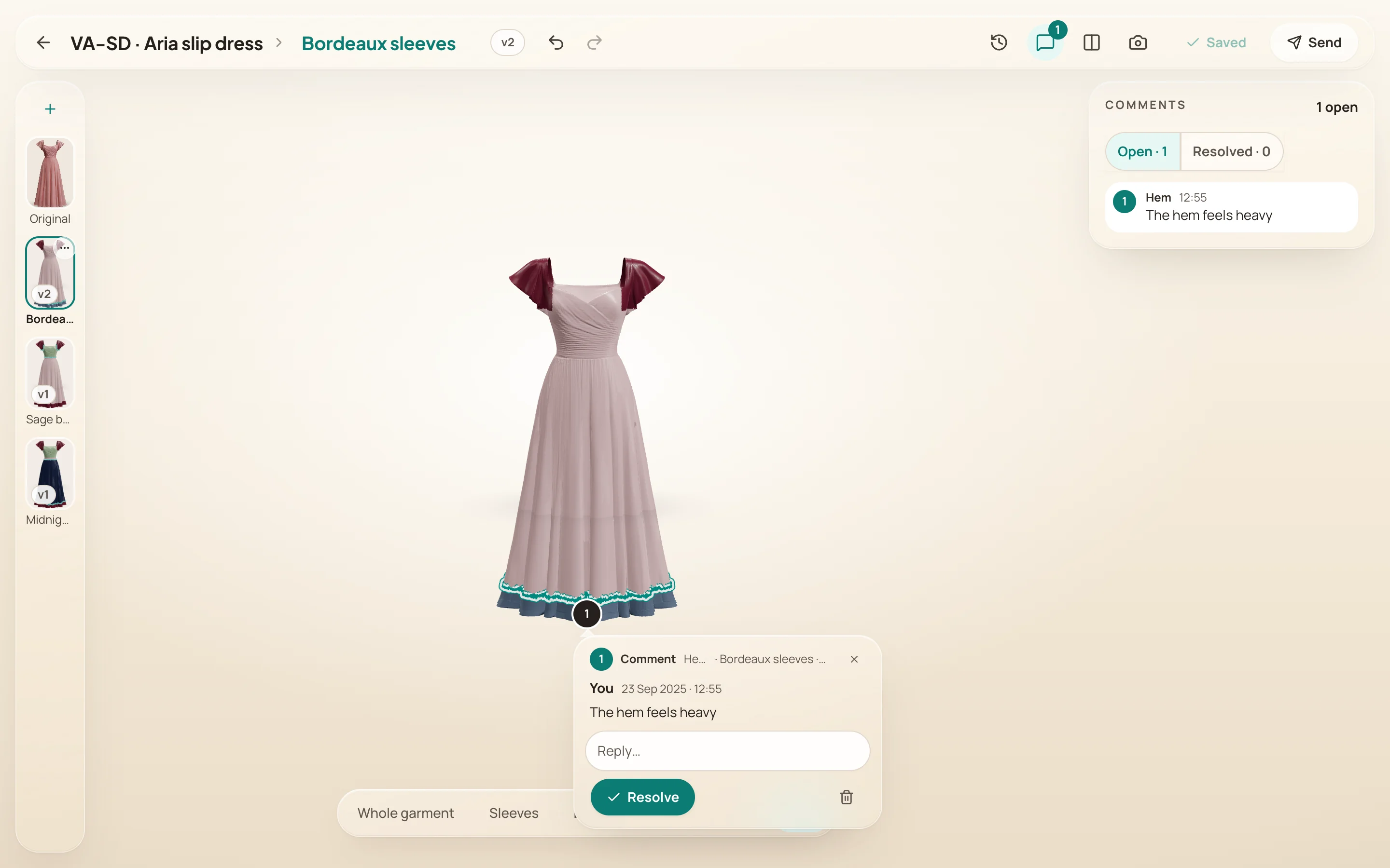Comment mode: a numbered pin sits on the hem of the dress with its thread open beside it, the note reading that the hem feels heavy, with a reply field and Resolve; the panel at the right lists the open comments.