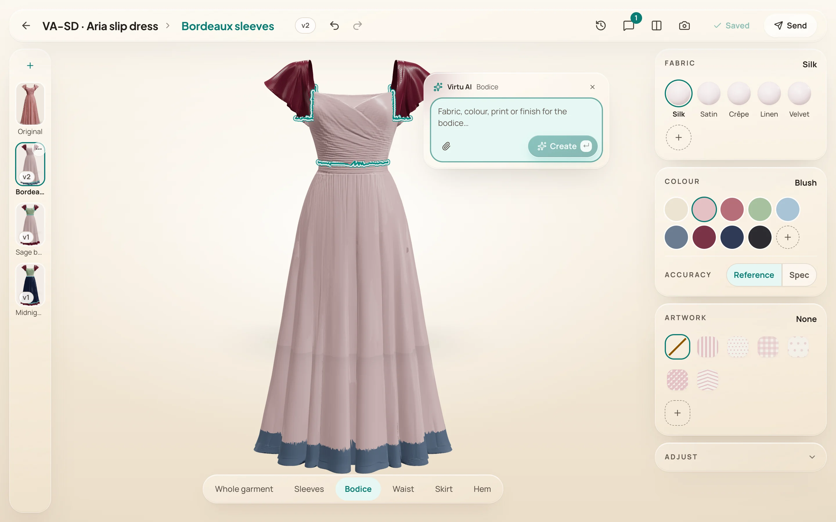 The AI edit panel open beside the bodice, empty: a placeholder asks for a fabric, colour, print or finish for the bodice, with an attach button and a Create button.