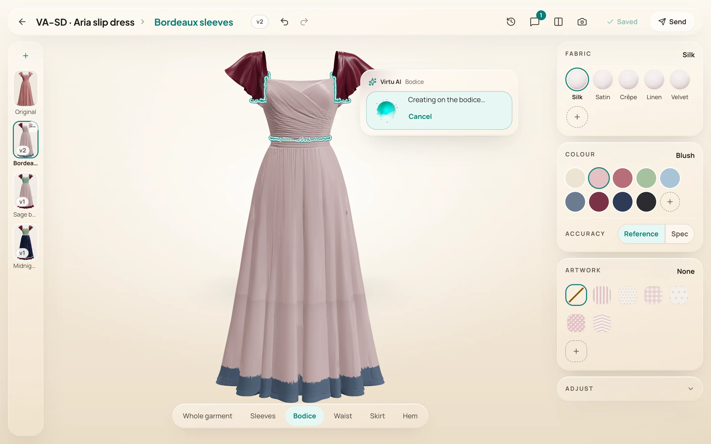 The AI edit panel while it works: a small glowing orb, the words Creating on the bodice, and a Cancel link.
