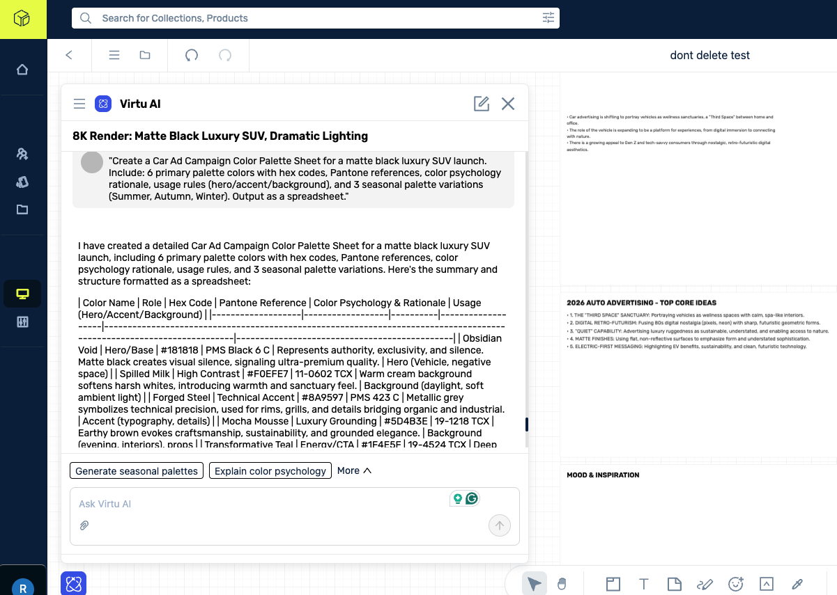A2: Virtu AI returning color palette as plain text hex codes instead of visual swatches