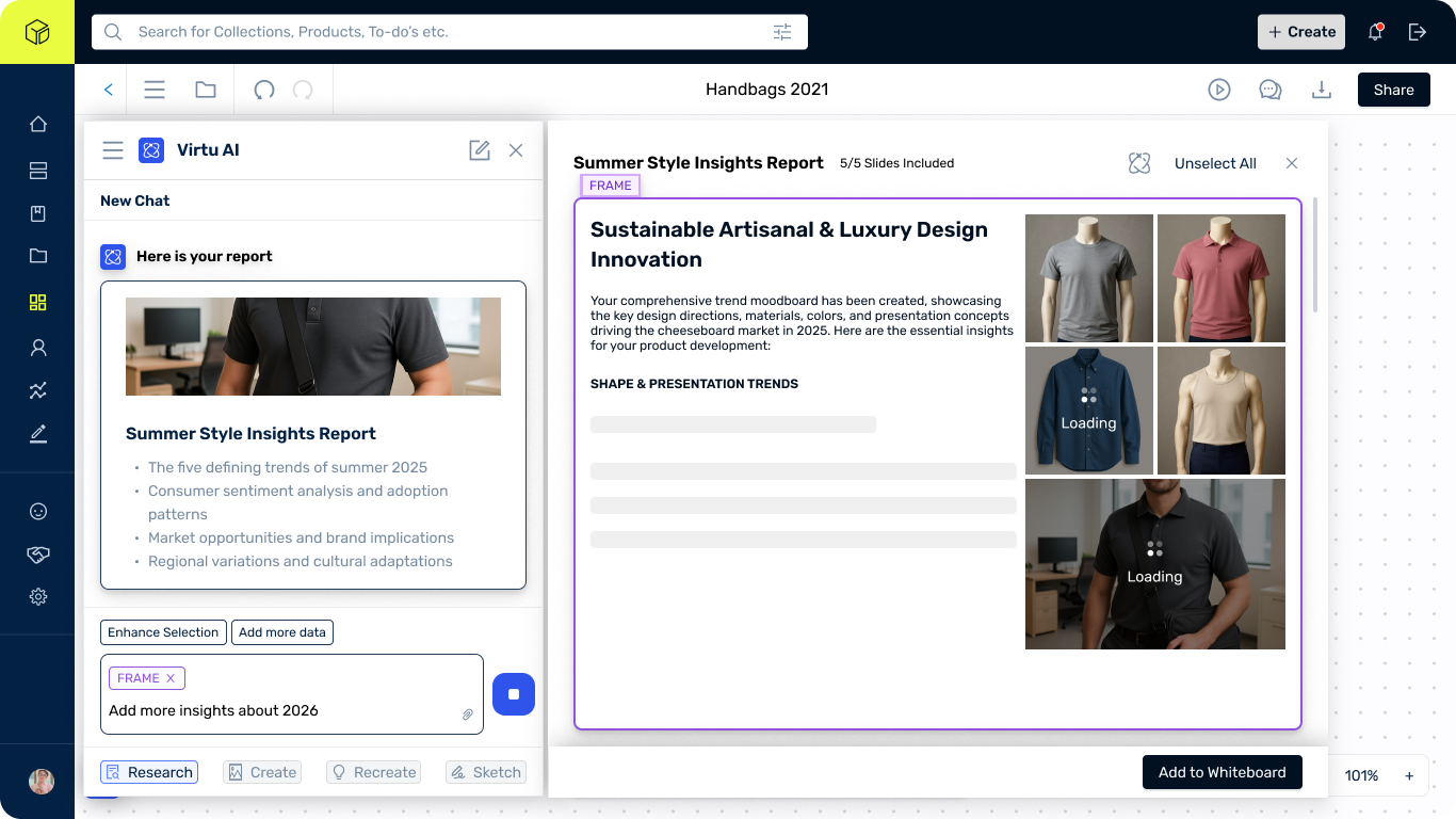 Virtu AI panel generating a Summer Style Insights Report with shirt thumbnails