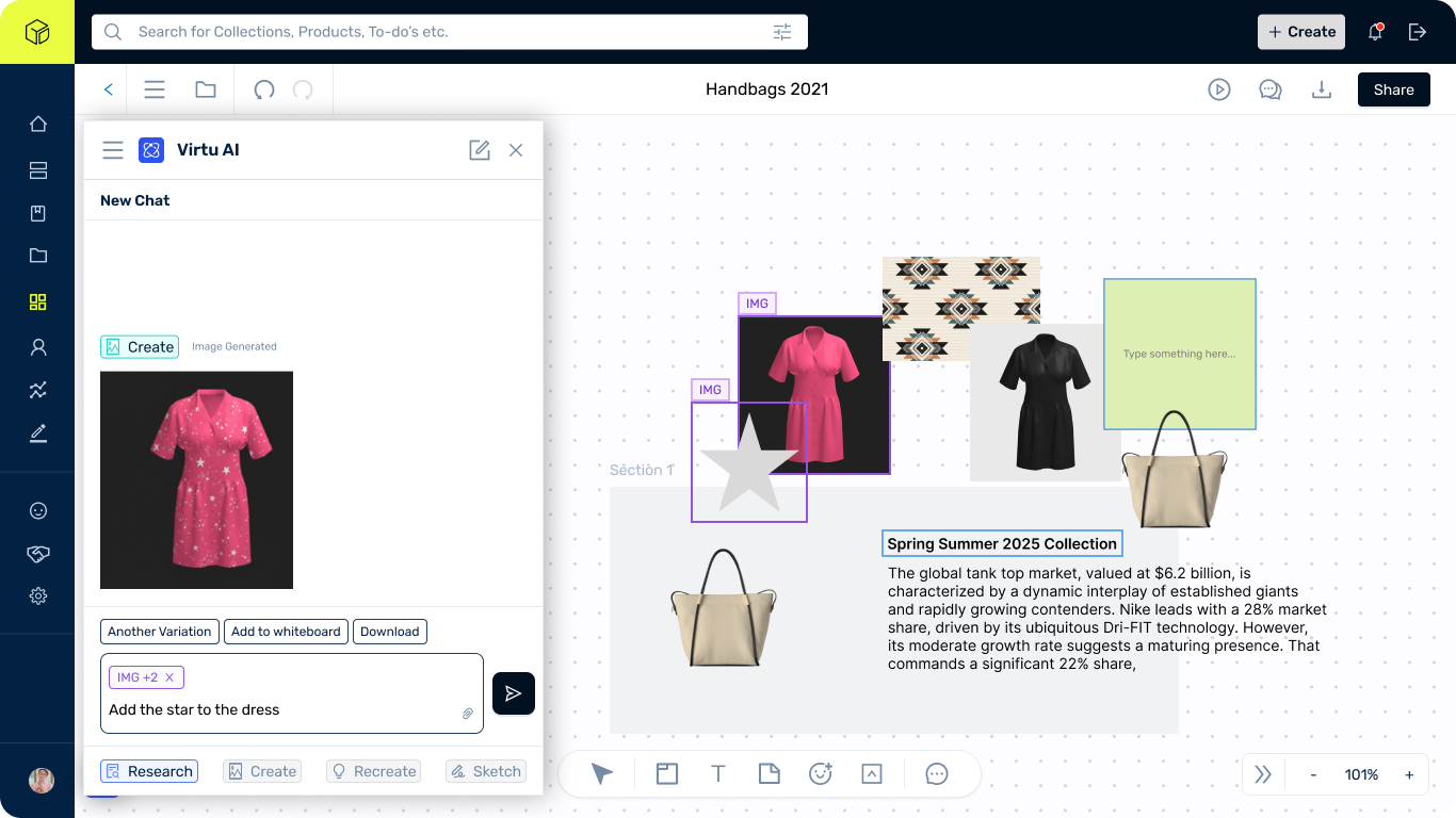 Virtu AI generating a starred dress variant from canvas references