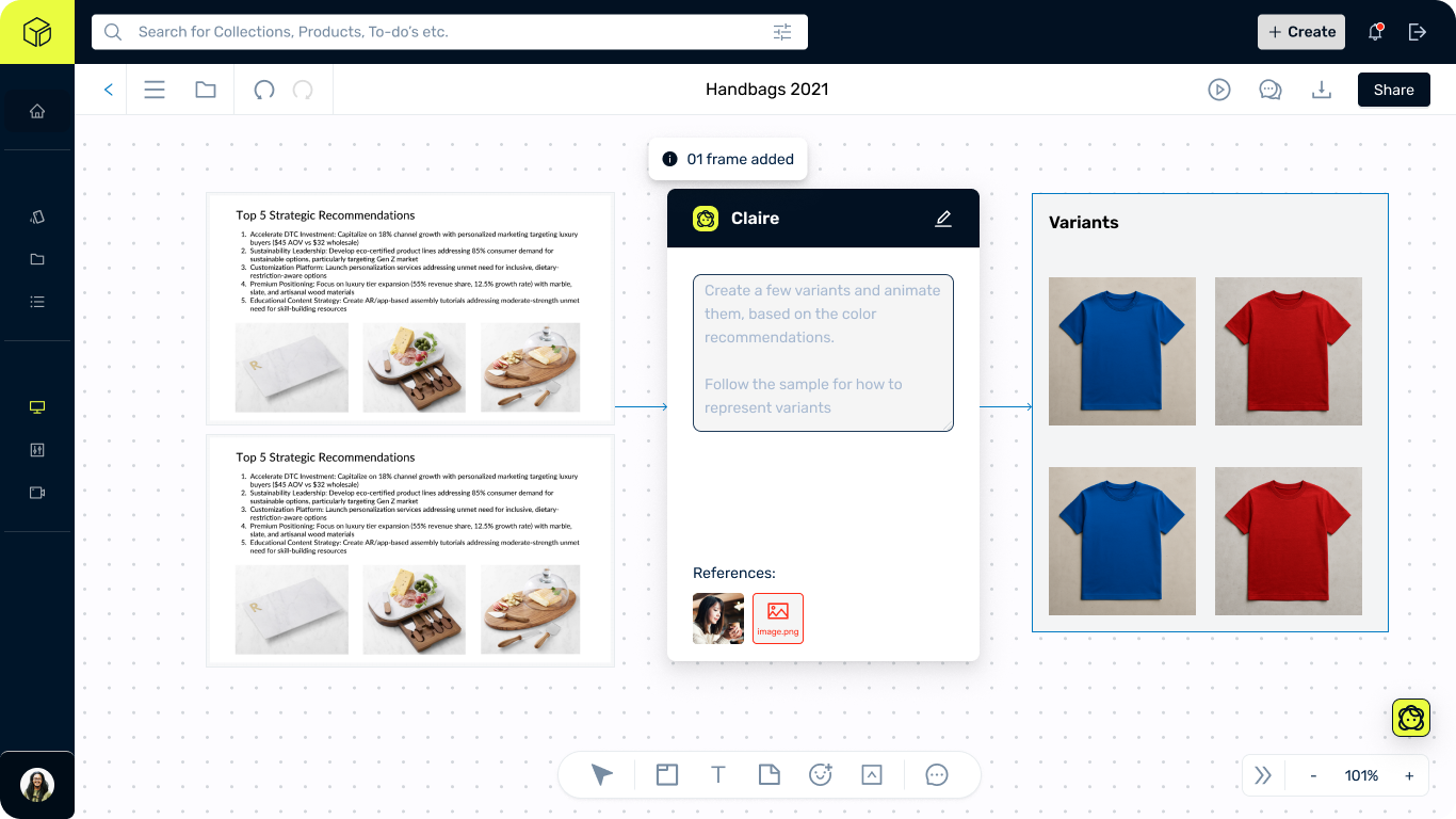Claire agent creating color variants from references on canvas