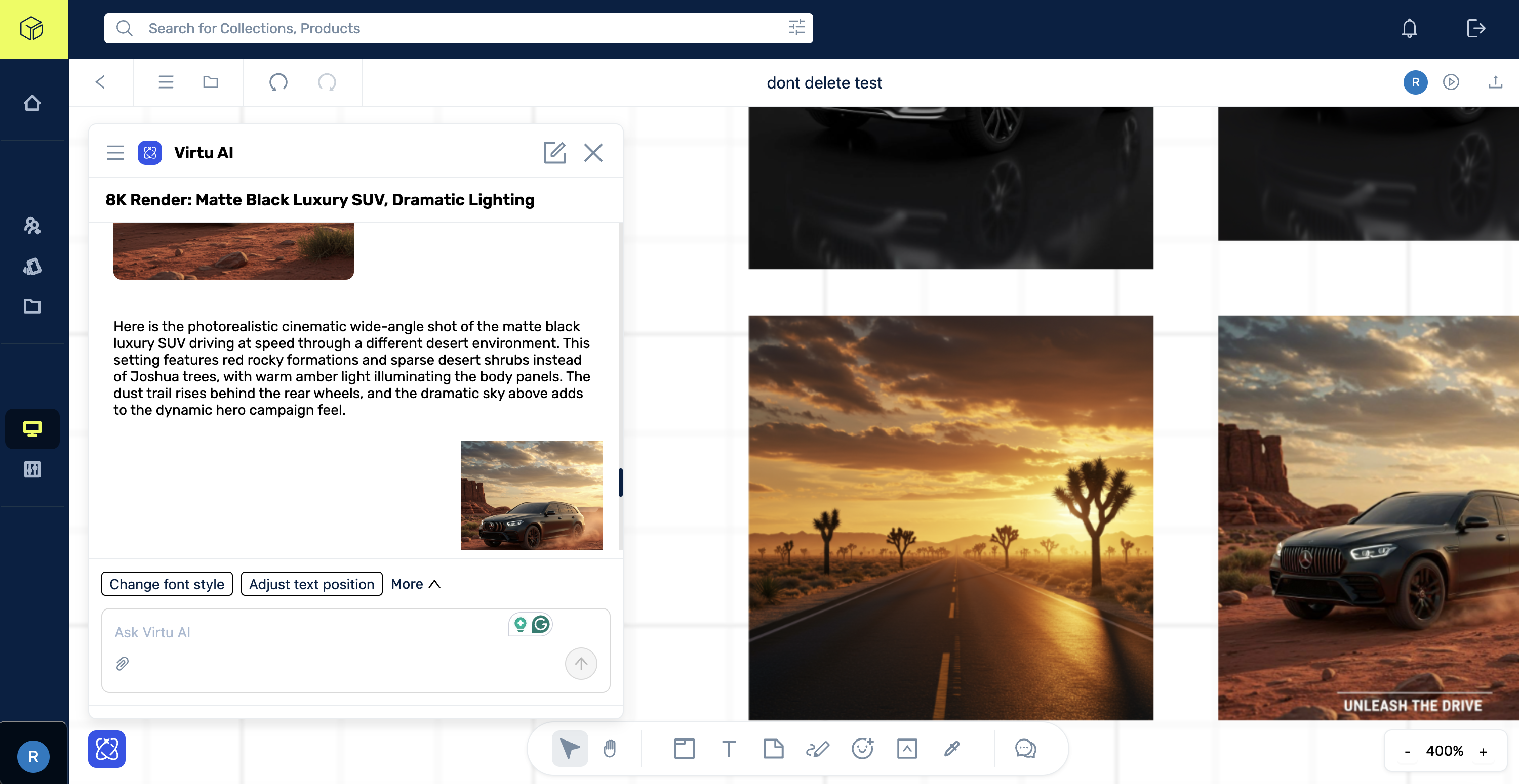 Virtu AI Whiteboard interface showing chat panel, canvas, image generation, and workflow tools