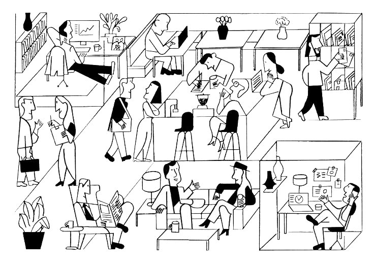 Illustration of people working across different spaces
