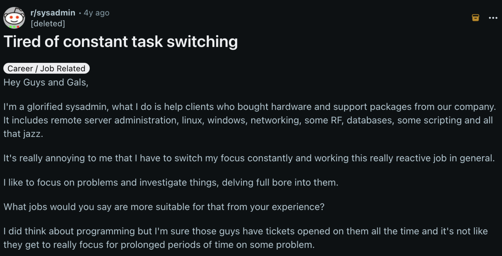Reddit post about constant task switching