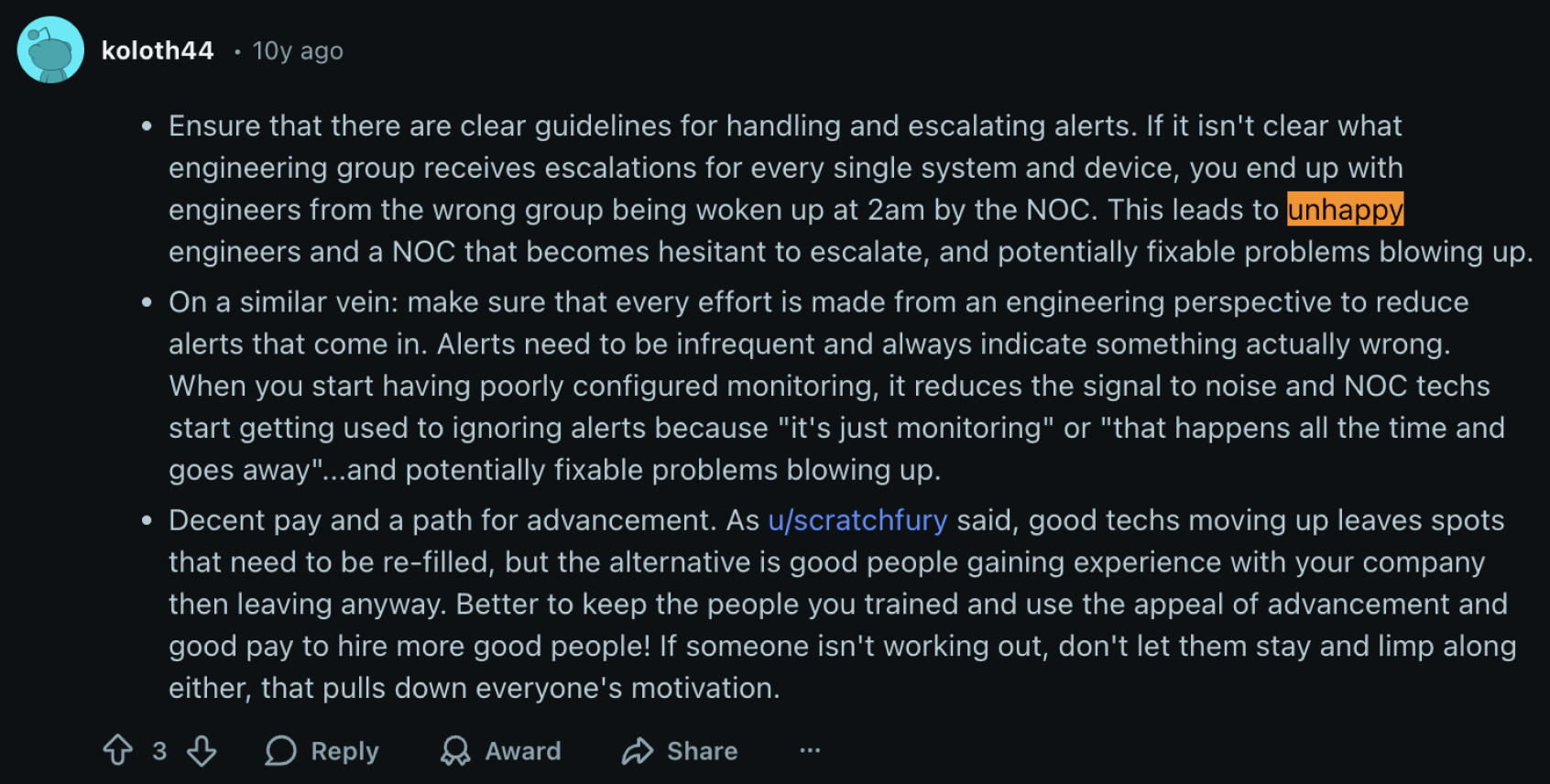 Comment about alert escalation and monitoring noise
